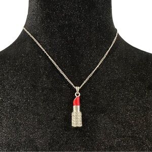 Red Lipstick Pendant Necklace Silver Tone Rhinestone Inlay 18 Inch Length